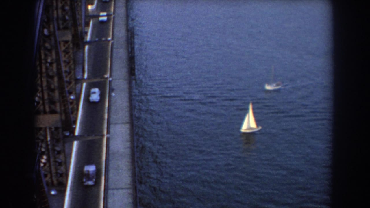 Sailboats move across water near a bridge roadway with several cars visible.