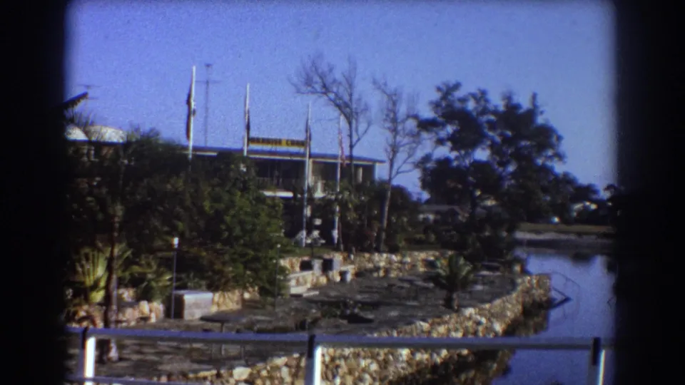 1967 Sydney waterfront view with a low modern building, flagpoles, trees, stone retaining wall, railing, and calm water.