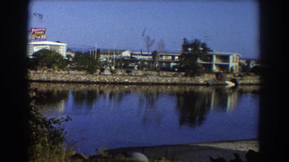 1967 Sydney waterfront frame showing shoreline buildings, trees, rock edging, blue water, and a partially visible Paradise Court sign.