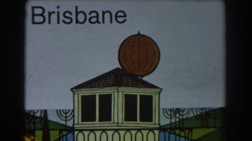 1967 home-movie frame holding on a Brisbane graphic, with large text and a stylized pavilion-like building beneath a round ornament.