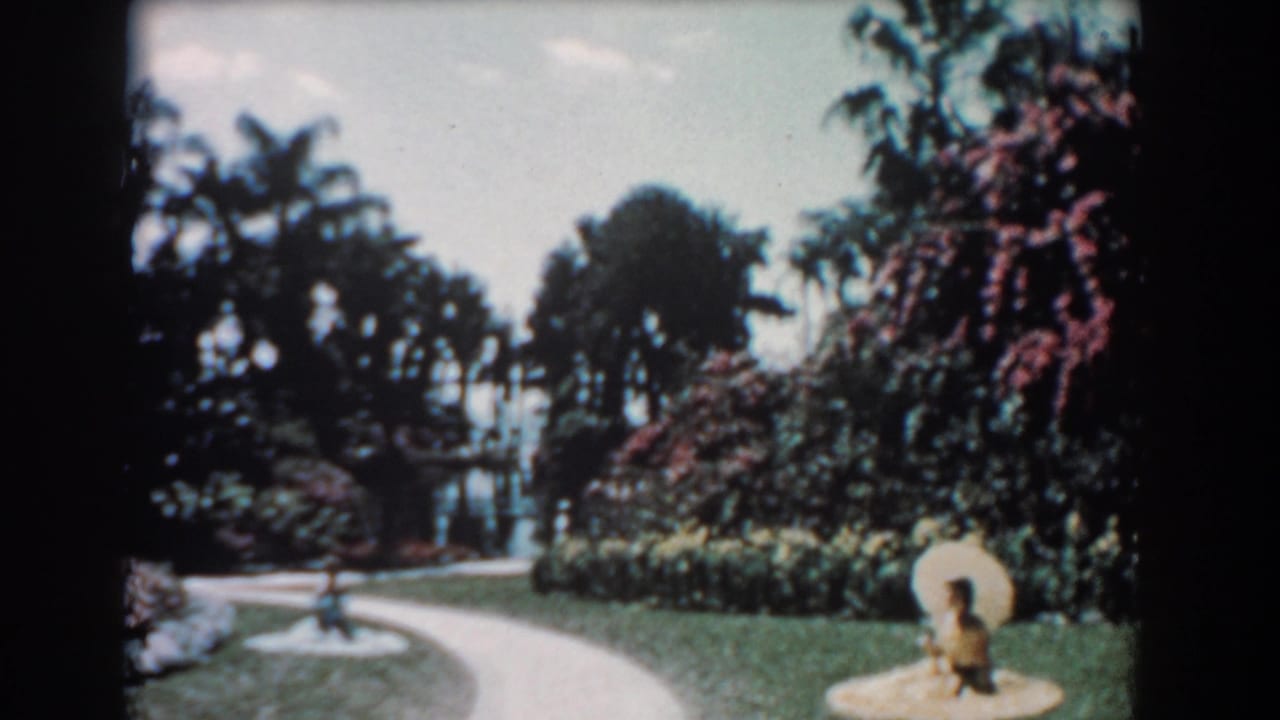 Curving garden sidewalk beside lawns, flowers, palms, and a small fountain-like feature.