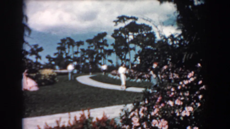 A visitor stands near a winding sidewalk in a 1957 Florida garden, with blooming shrubs, lawn, and tall trees under a bright sky.