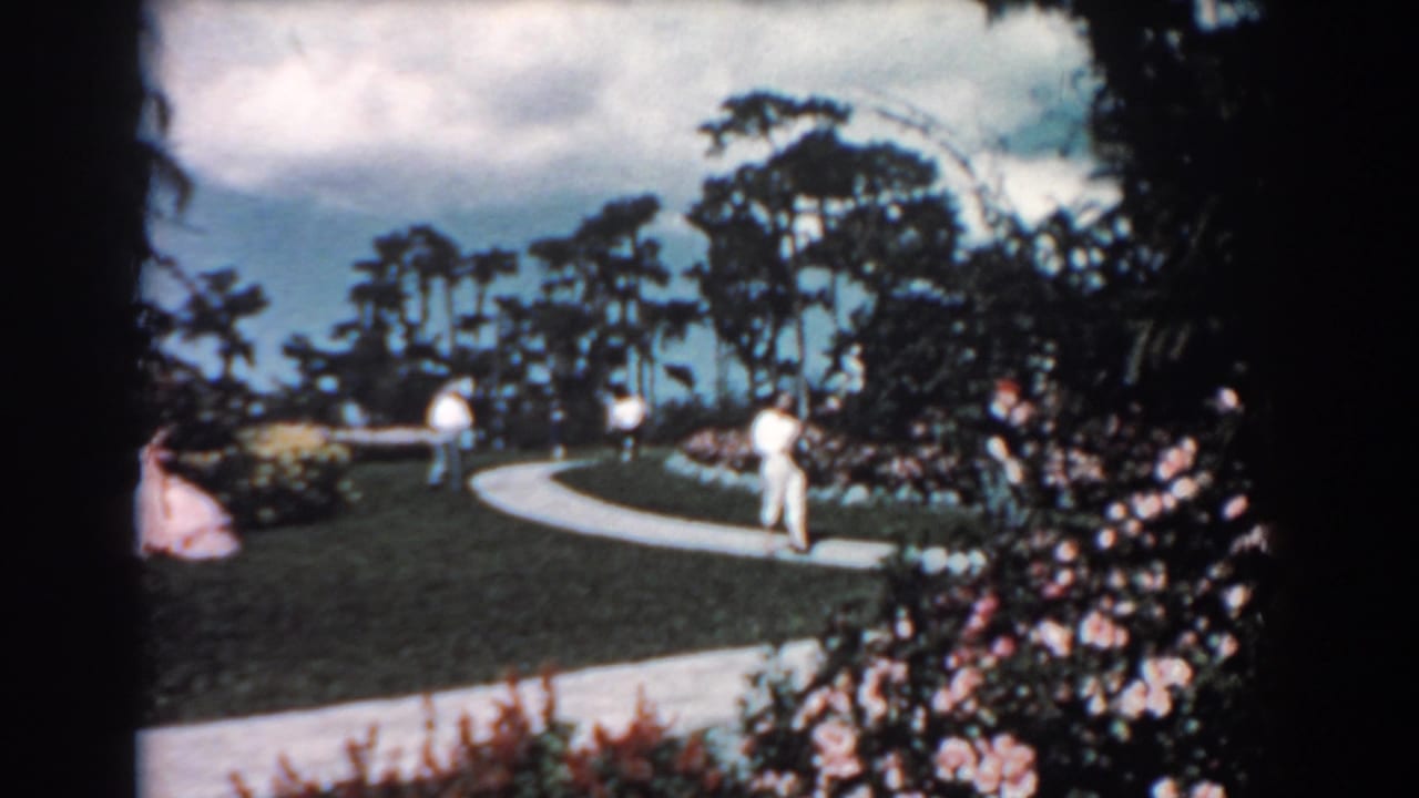 1957 Florida 8mm frame showing adults walking through a tropical garden with a curved path, lawn, flower beds, and trees.