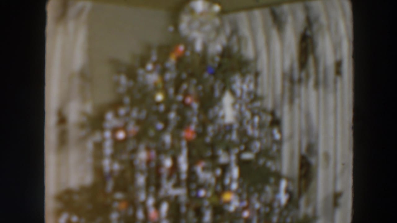 Decorated Christmas tree with silver tinsel and colored highlights beside light-colored curtains.