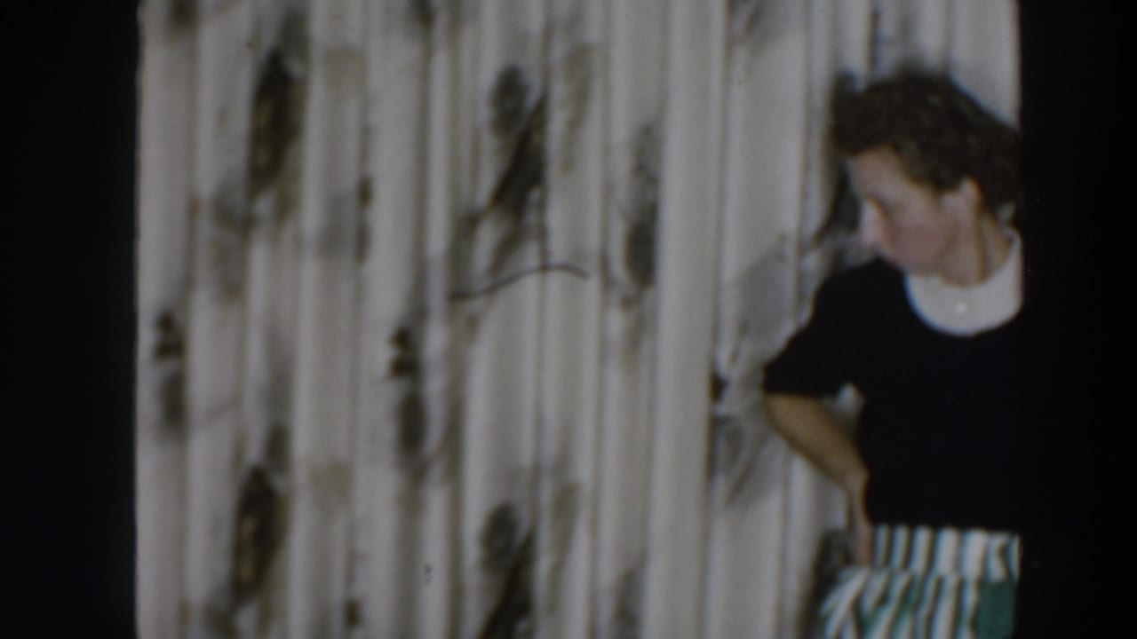 Woman in a dark top and striped skirt standing beside patterned curtains.