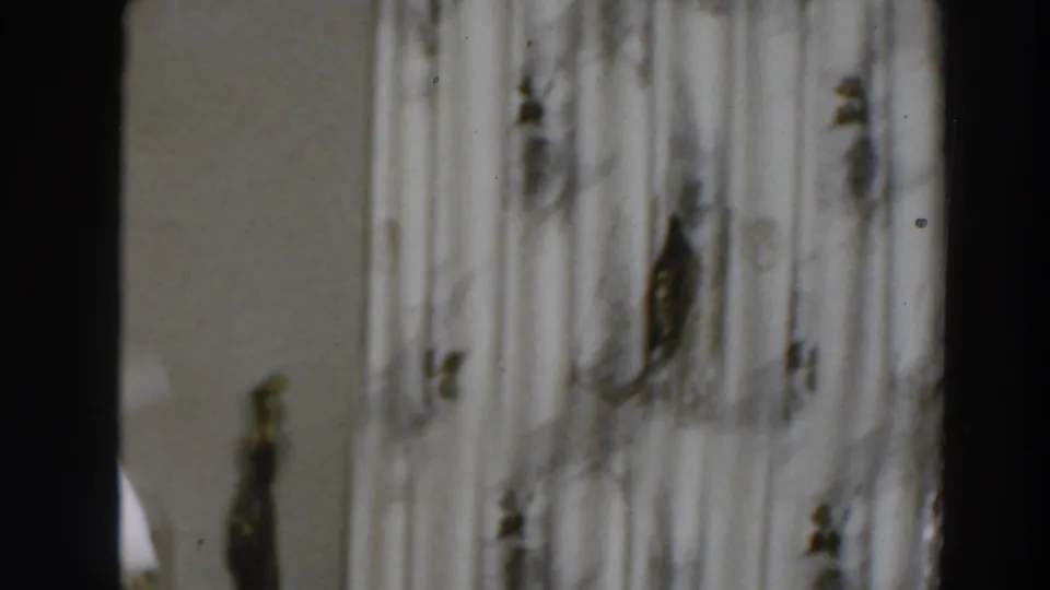 The camera view shifts or is obscured by patterned curtains in the Wheeling home interior, with a small dark statuette partly visible at the edge.