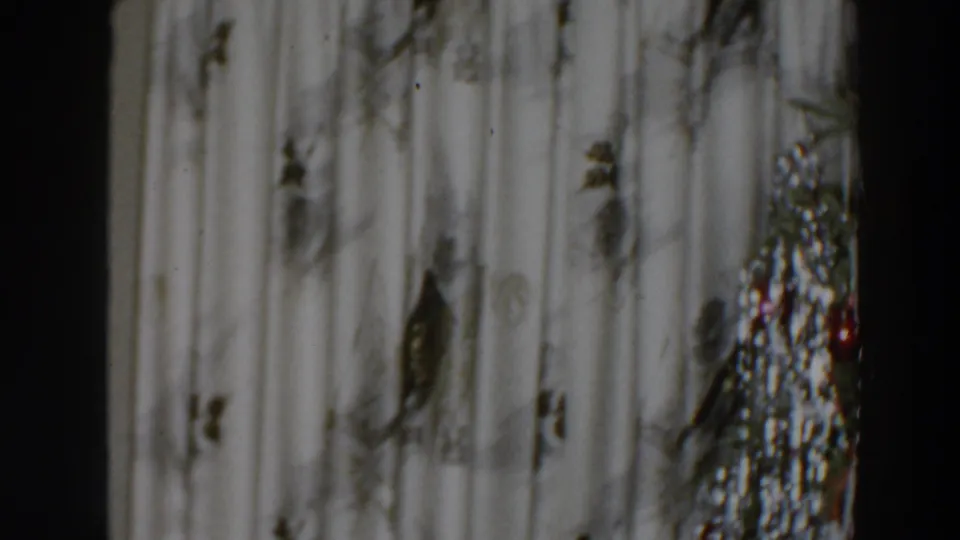 1957 Wheeling, Ohio home-movie frame showing a softly focused Christmas tree with tinsel near pale curtains.