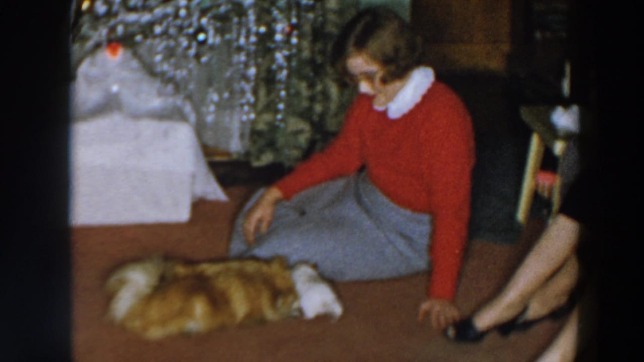 In a 1957 Wheeling, Ohio home-movie frame, a woman in a red sweater sits near a fluffy dog beside Christmas decorations.