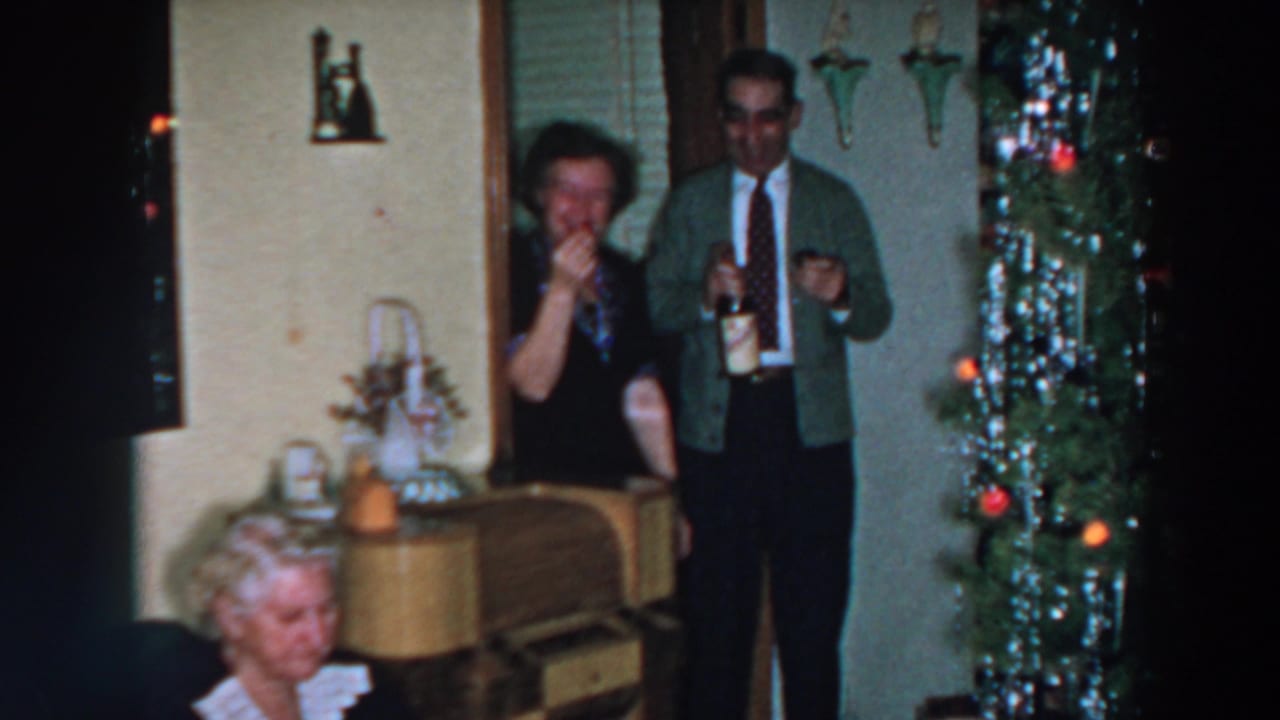Woman raises a glass while a man holds a bottle beside a Christmas tree.