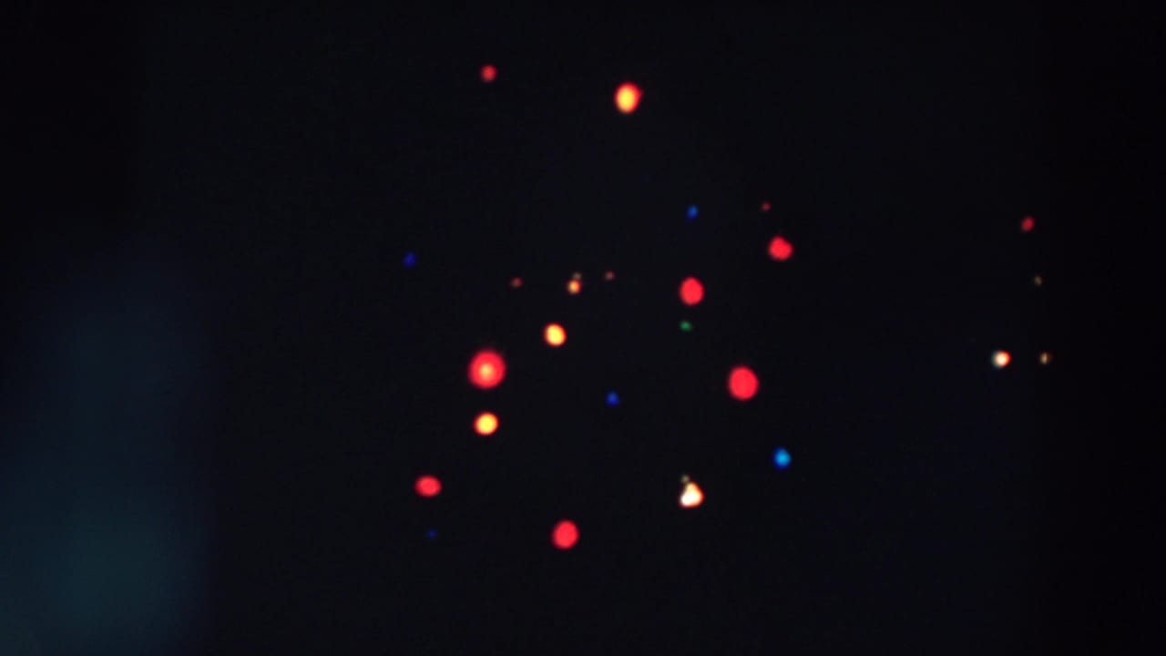 Soft 8mm night view from Wheeling, Ohio, showing clustered red and yellow illuminated decoration with small blue and green points.