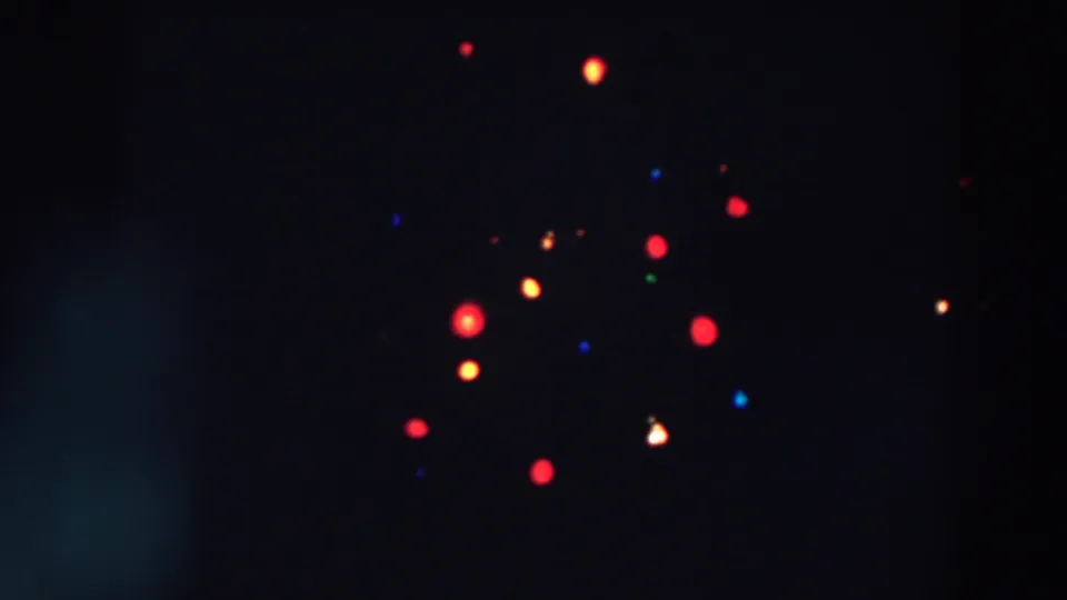 1957 Wheeling, Ohio 8mm frame showing red, orange, blue, and green Christmas tree lights glowing out of focus in darkness.