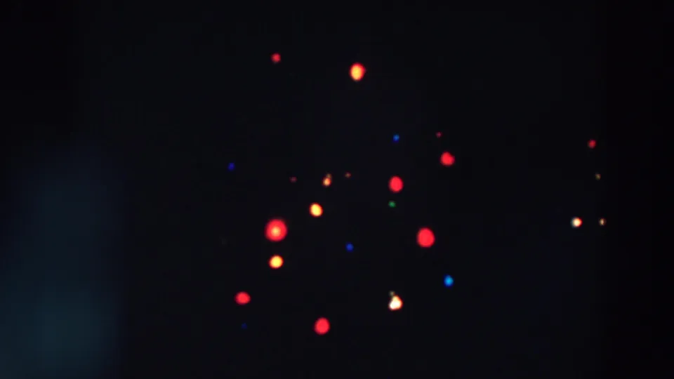1957 Wheeling, Ohio home-movie frame of colored Christmas tree lights glowing as soft bokeh against a nearly black background.