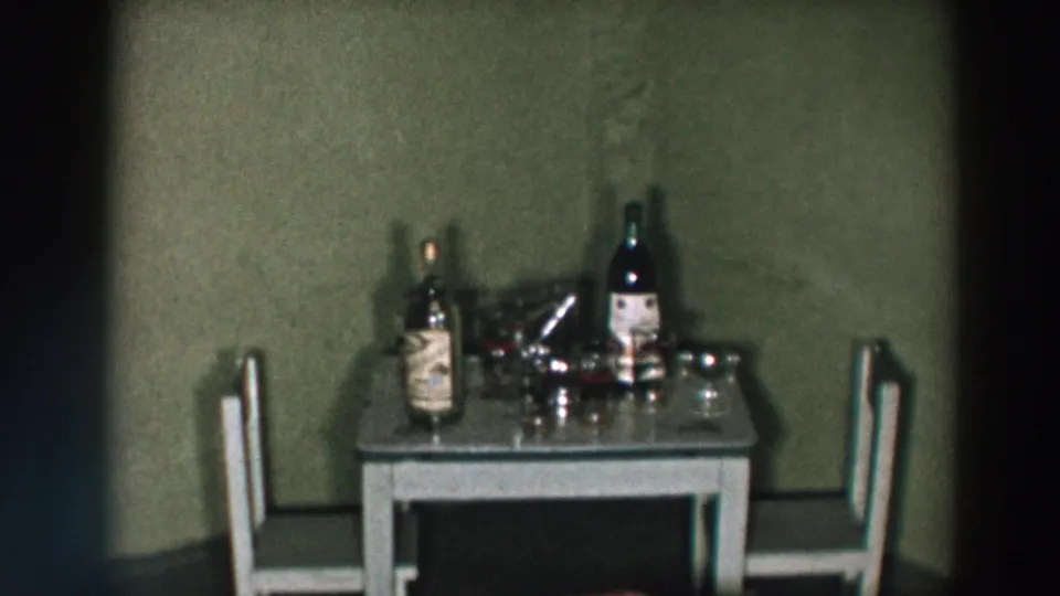 1957 Wheeling, Ohio domestic scene with a table arranged for drinks, two chairs, bottles, glasses, and a cocktail shaker.