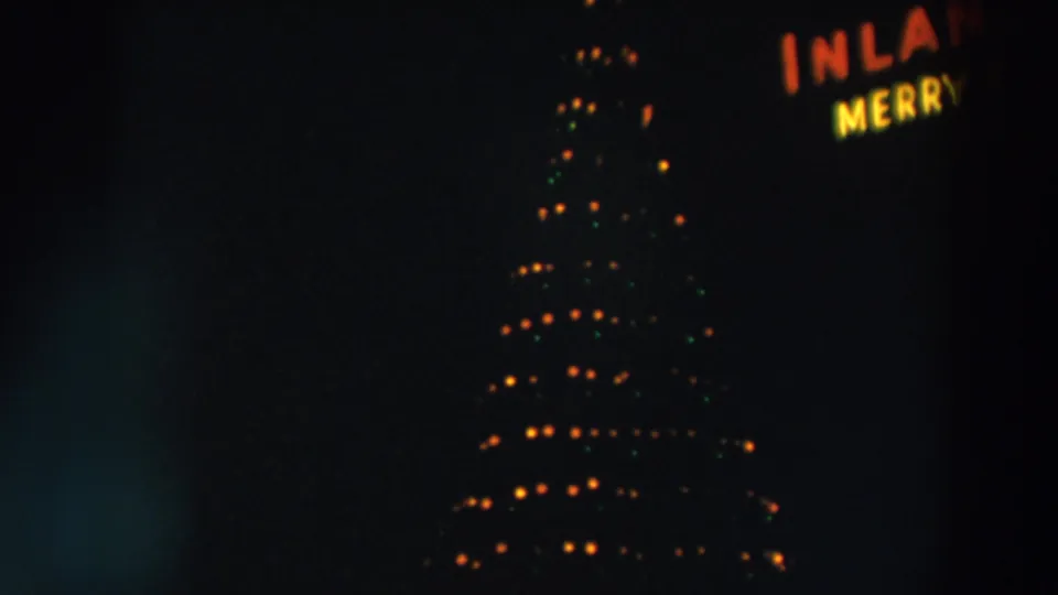 A tall bulb-lit Christmas tree appears at night in Wheeling, Ohio, with cropped neon signage nearby.