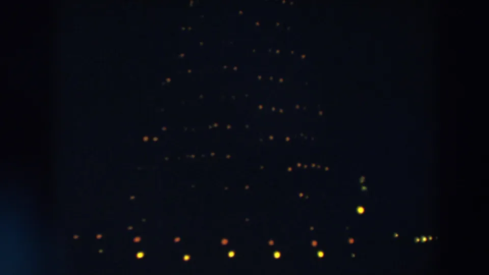 A dark 8mm frame from Wheeling, Ohio, with twinkling lights spread across a tall Christmas tree-like outline.
