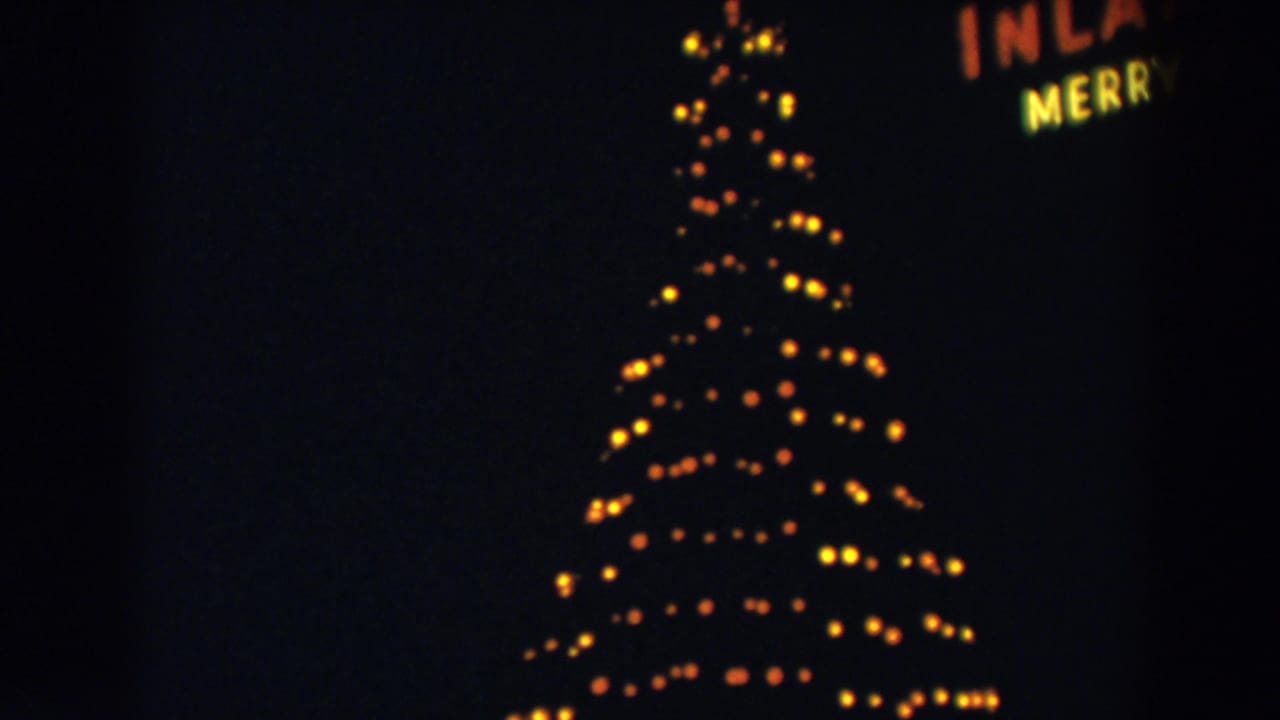 Outdoor holiday lights in Wheeling, Ohio, with a lit tree and partial sign lettering visible near the upper edge.