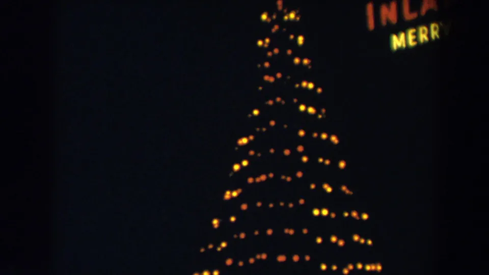 Outdoor holiday lights in Wheeling, Ohio, with a lit tree and partial sign lettering visible near the upper edge.
