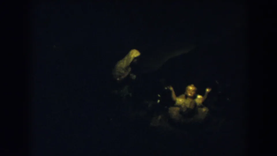 1957 8mm frame from Wheeling, Ohio, with two religious-looking figurines in a shadowed domestic interior, one more brightly lit than the other.