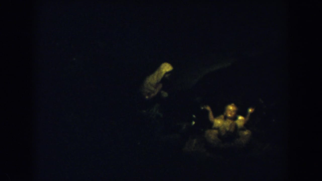 1957 8mm frame from Wheeling, Ohio metadata showing two religious figurines in very low light.