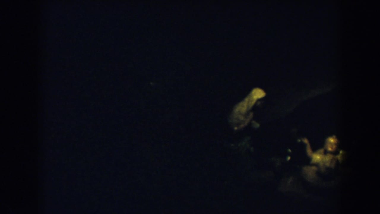 Religious figurines partly visible near the right edge in low light.