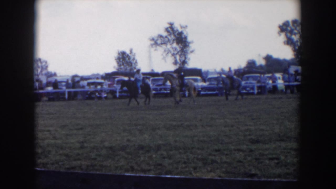 Riders on horses cross a grassy field with parked cars and spectators behind a white fence.