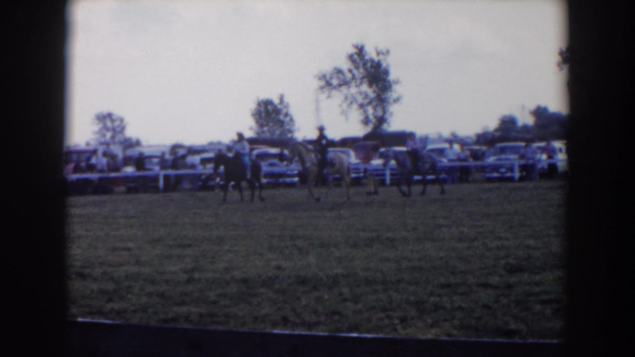 Several horseback riders pass in front of a row of cars parked along a white fence.