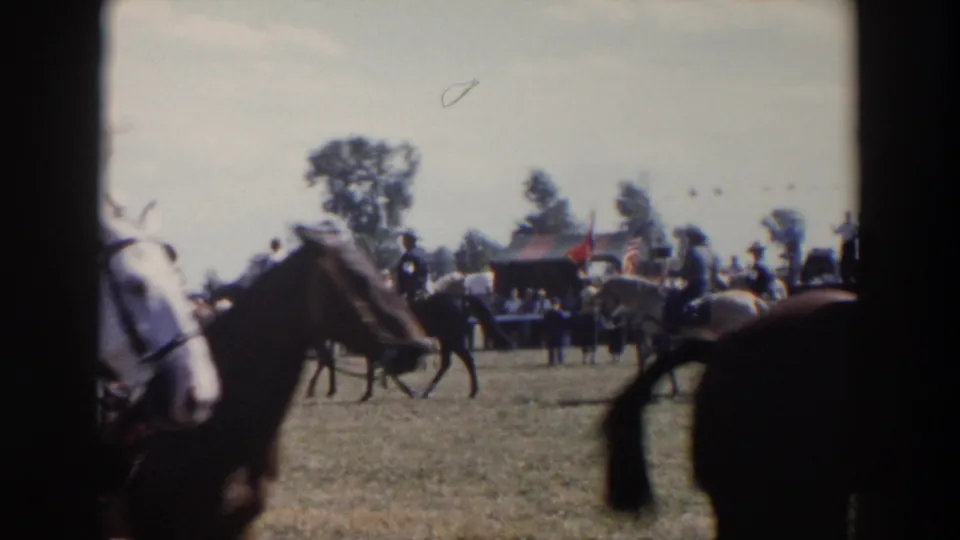 A horse and rider move close to the camera while the Wheeling, Ohio county fair field, mounted riders, spectators, trees, and flag remain in the background.