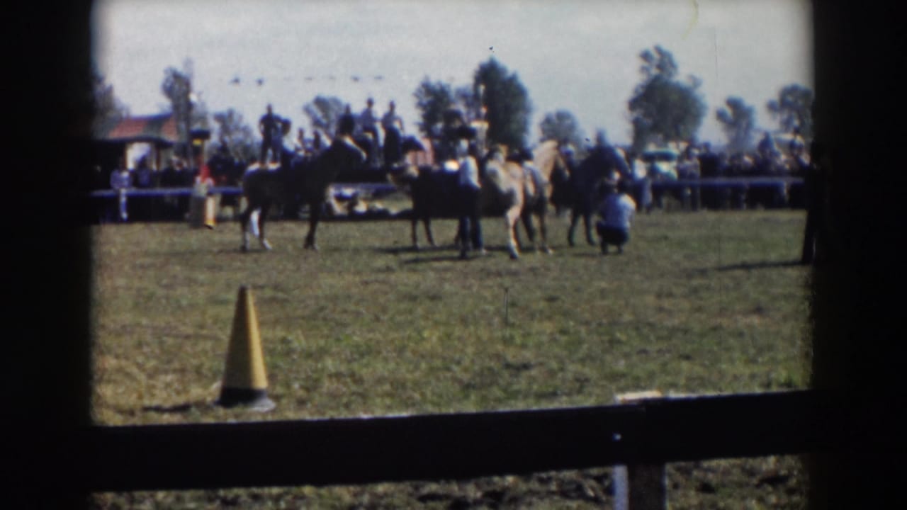 Riders on horses stand in a grassy show field with spectators behind a fence.