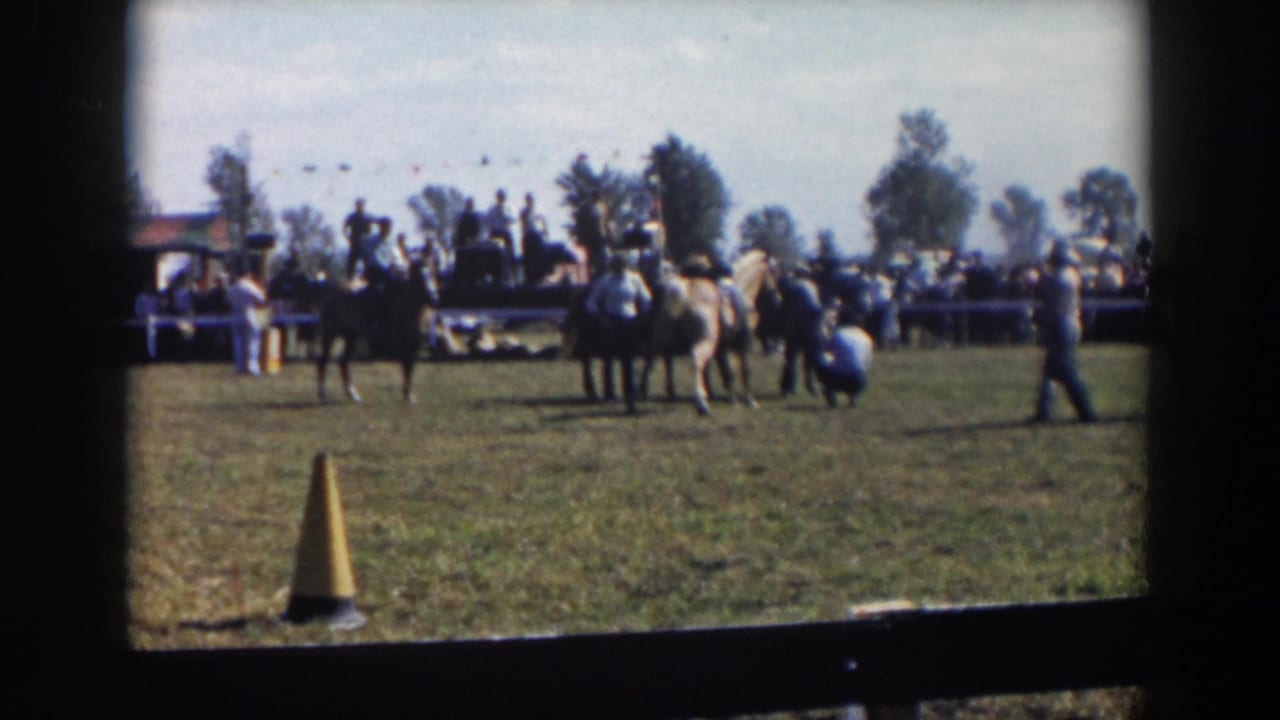 Riders on horseback gather near spectators on a grassy field with a yellow cone in front.