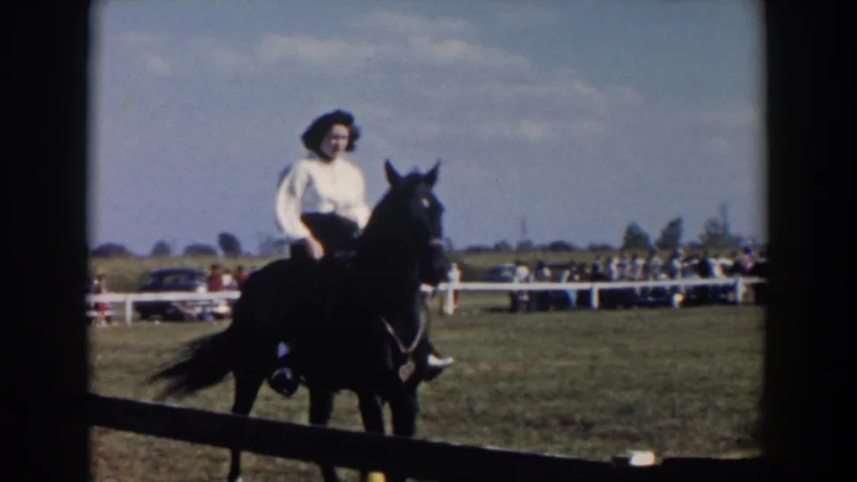 A rider in a light blouse sits on a dark horse in the Wheeling, Ohio show ring, with a fenced crowd area behind.