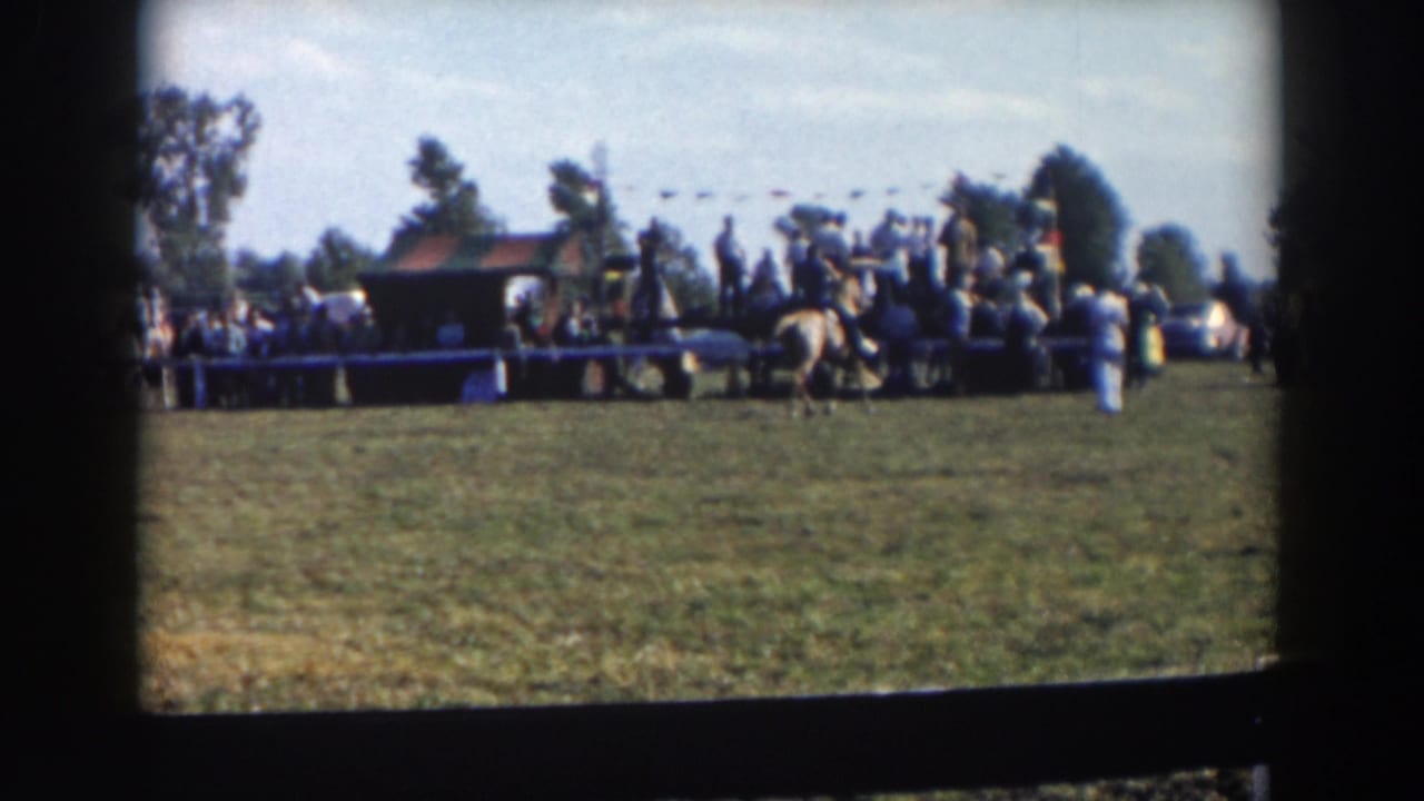 Spectators watch horses and riders near a fence on a grassy fairground.