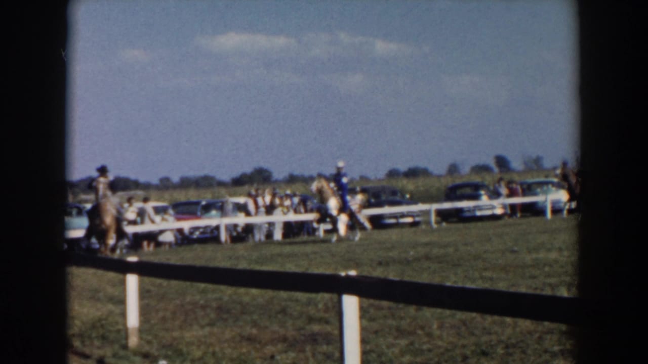 Riders on horses move near a white rail fence with spectators and parked cars beyond.