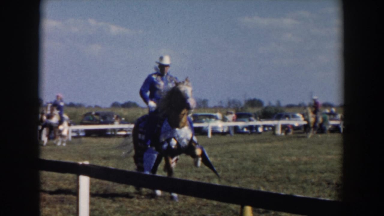 Mounted rider in a white hat moving across a field with spectators and cars in the background.