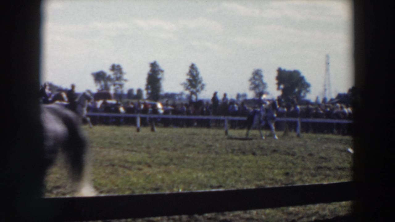 A horse and rider pass close to the camera with spectators and fencing in the background.