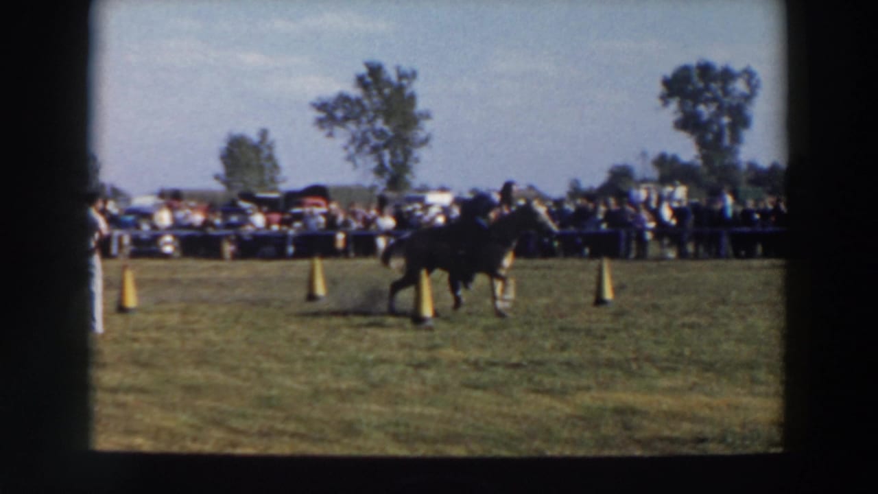 A dark horse and rider pass through the cone course in this 1957 Wheeling, Ohio outdoor equestrian scene.