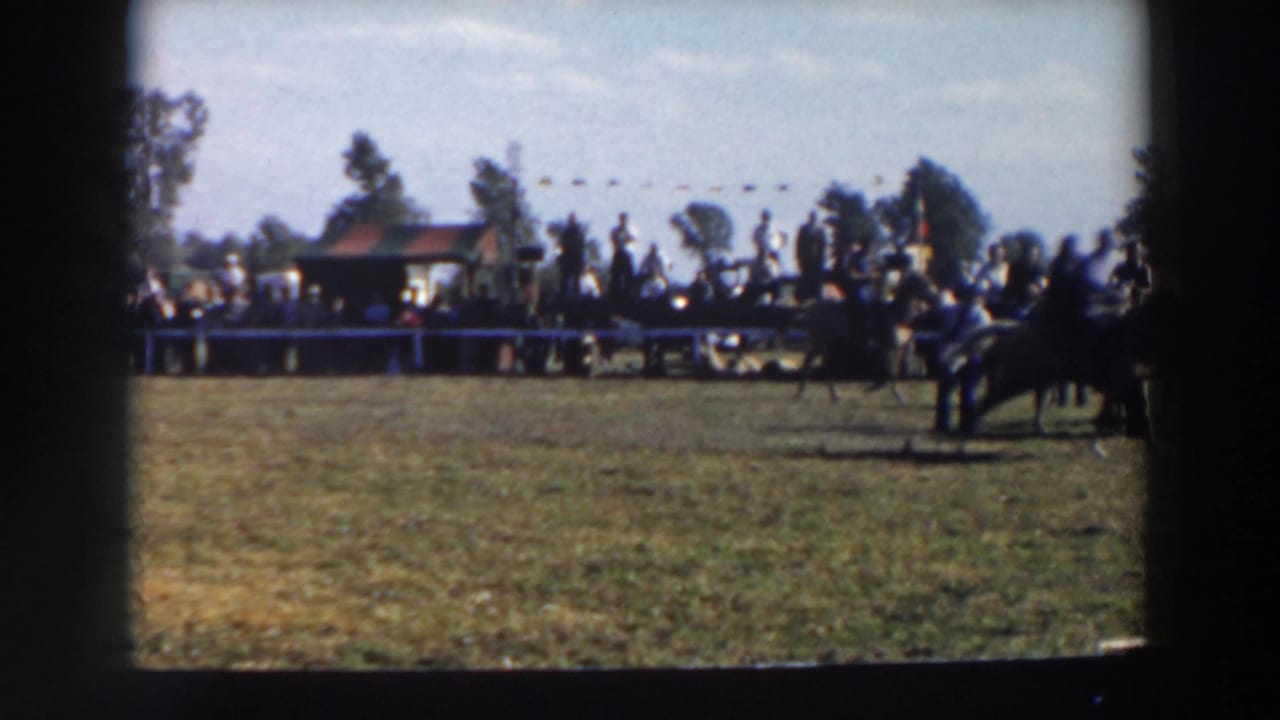 Horse and rider on a grassy course with spectators and parked cars behind a boundary.