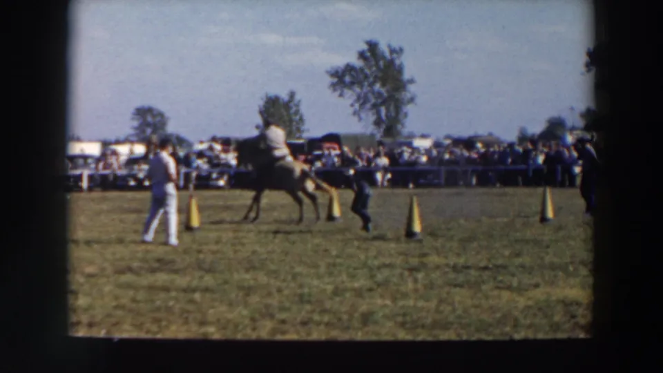 The horse appears to move unevenly near the cone path while two men stand nearby and spectators watch across the field.