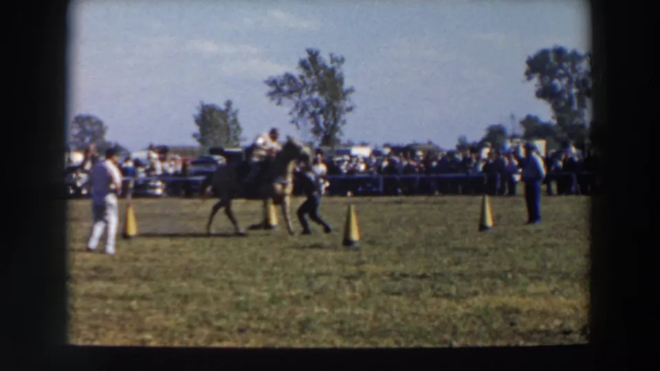 A dark horse with rider moves through the cone course in the Wheeling, Ohio equestrian scene, with spectators and cars behind a barrier.