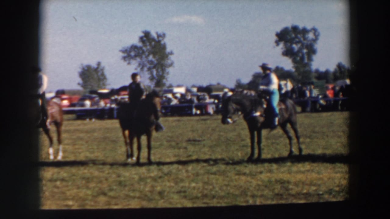 Three riders sit on horses in a field while cars and spectators line the background.