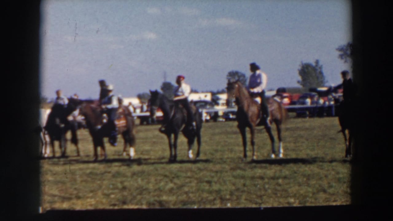 Several riders on horses gather in a field with cars lined up in the distance.