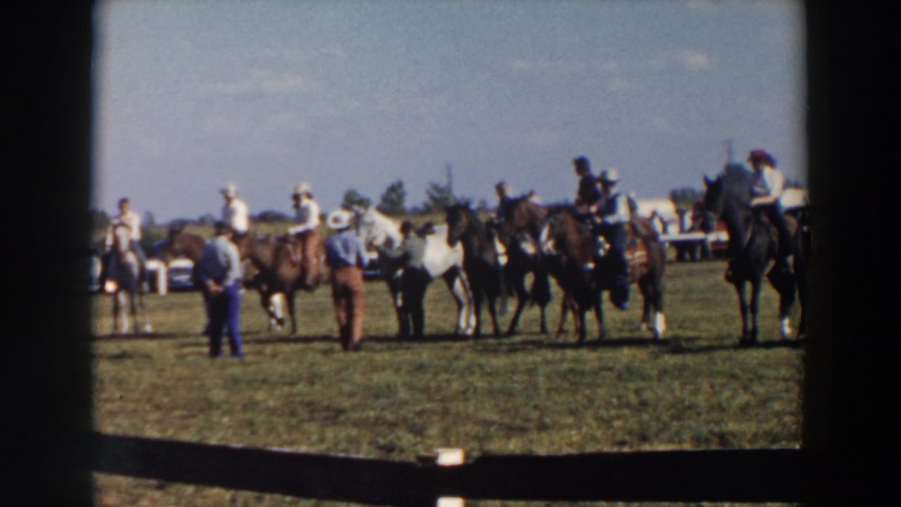 Several riders and horses stand in a field while people watch or assist nearby.