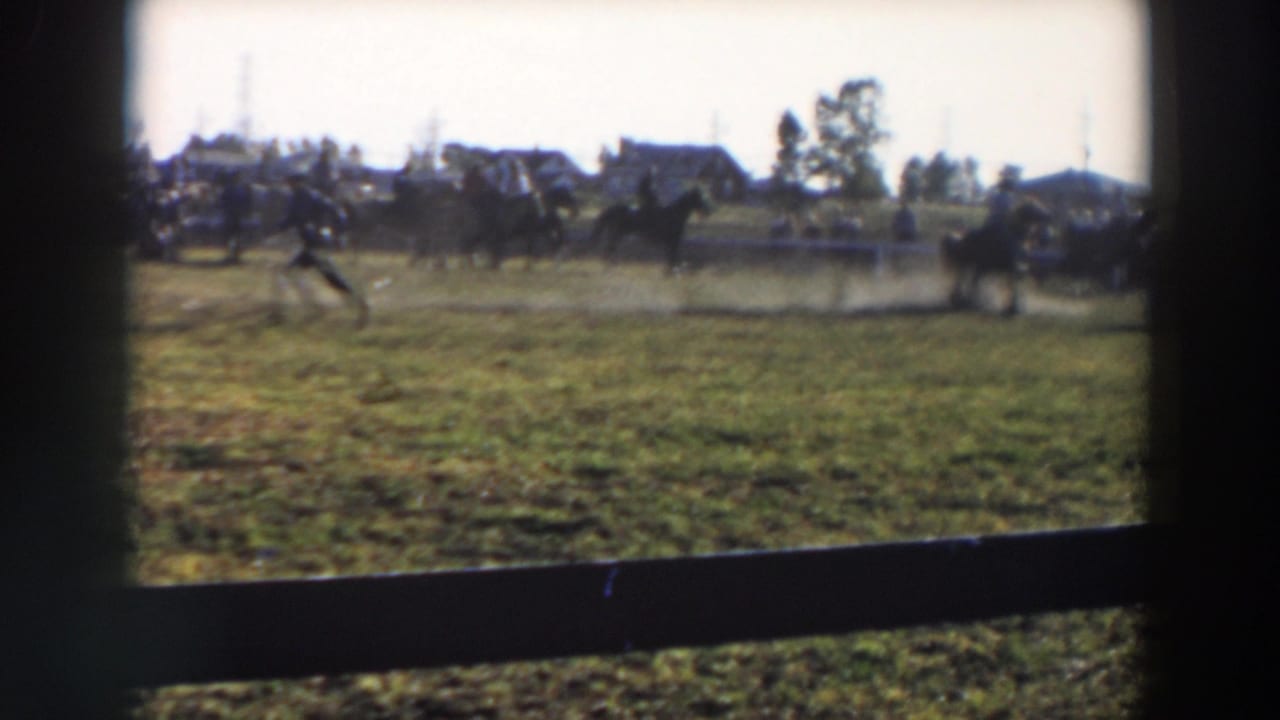 Riders on horses cross a grassy field during an outdoor show.