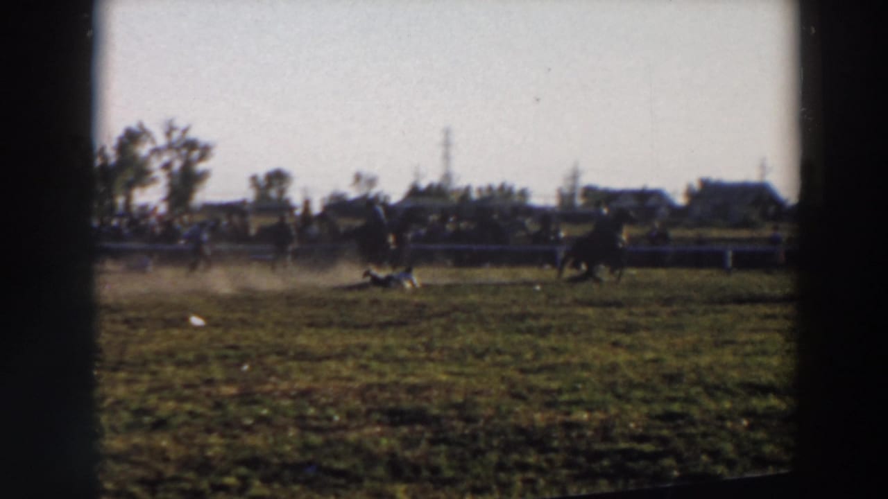 Horse and rider continue across the arena with dust, spectators, trees, and houses in the distance.