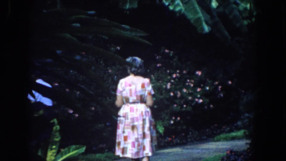 1958 Florida home-movie frame showing a woman from behind in a colorful dress amid dense tropical garden planting.