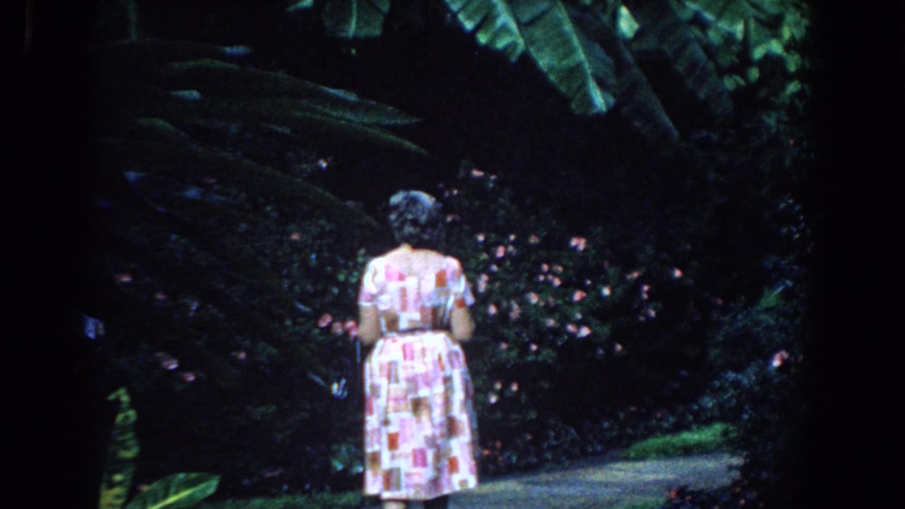 Woman in a print dress walking away on a shaded garden path.