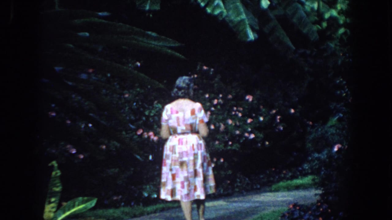 The woman continues along the Florida garden path, framed by broad leaves, dark greenery, and small pink flowers.