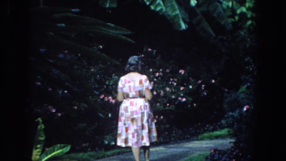 The woman continues along the Florida garden path, framed by broad leaves, dark greenery, and small pink flowers.