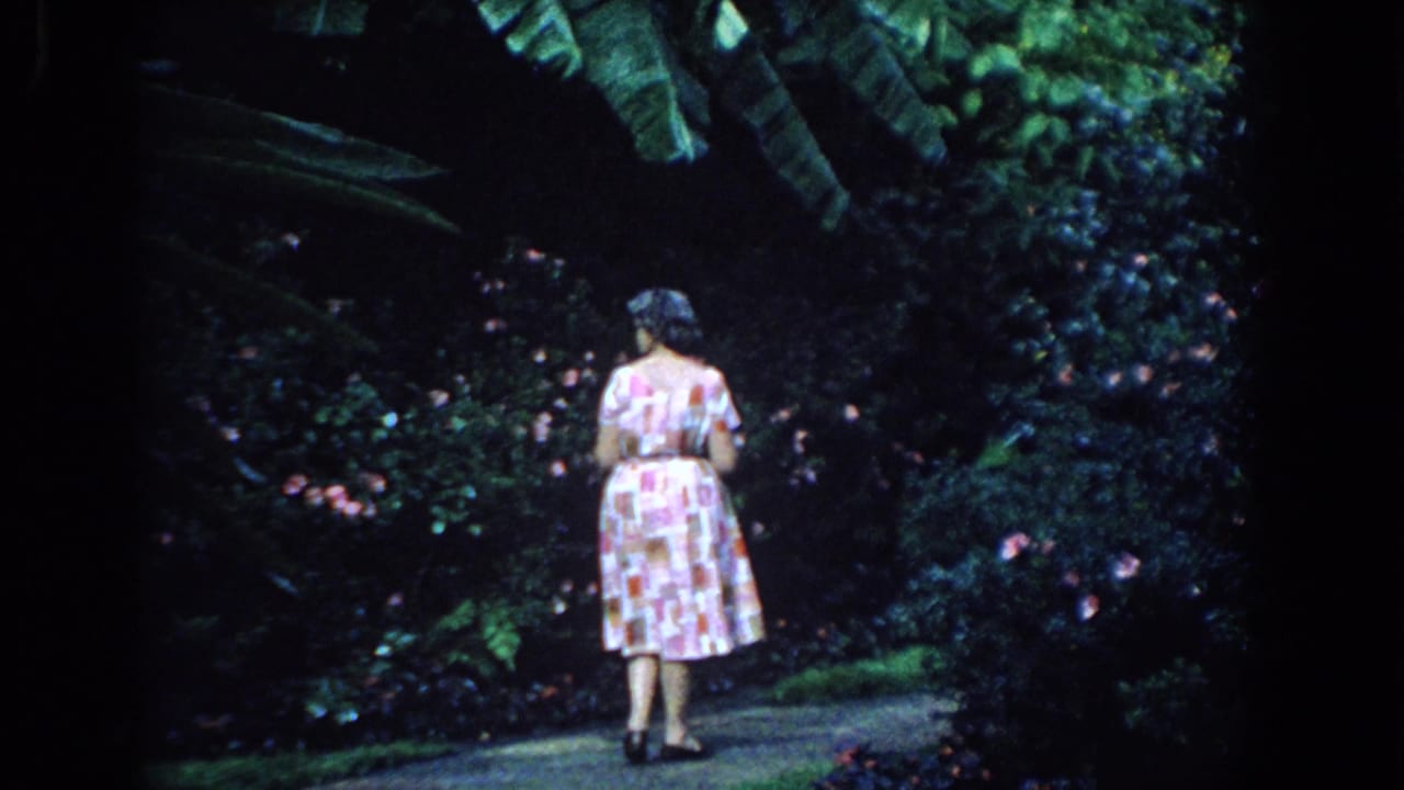 The woman continues down a lush Florida garden path, seen from behind in soft 8mm color with flowers and broad leaves around her.