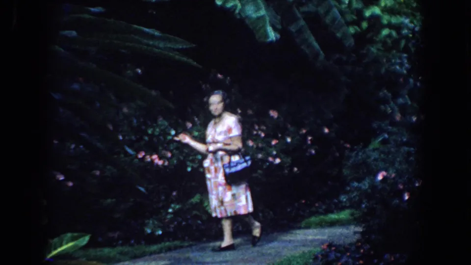 The woman walks along the shaded path in a pink dress, passing dark greenery and flowering bushes in the Florida garden setting.