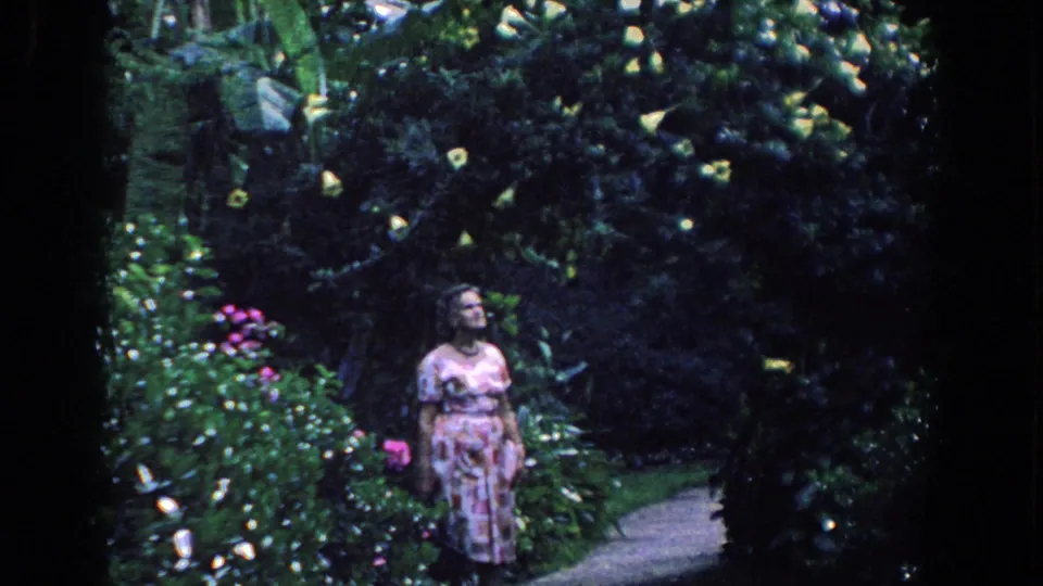 In a 1958 Florida garden scene, a woman stands near flowering plants and looks into the surrounding foliage.